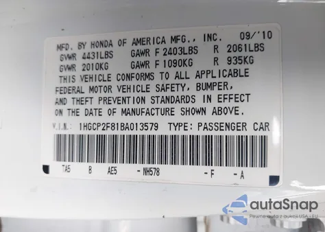 2011 Honda Accord 2.4 Ex-L from USA, damaged, VIN 1HGCP2F81BA013579